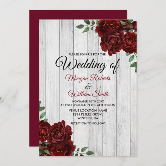 Rustic Burgundy Roos Romantic Wedding Invitation Kaart (Voorkant / Achterkant)