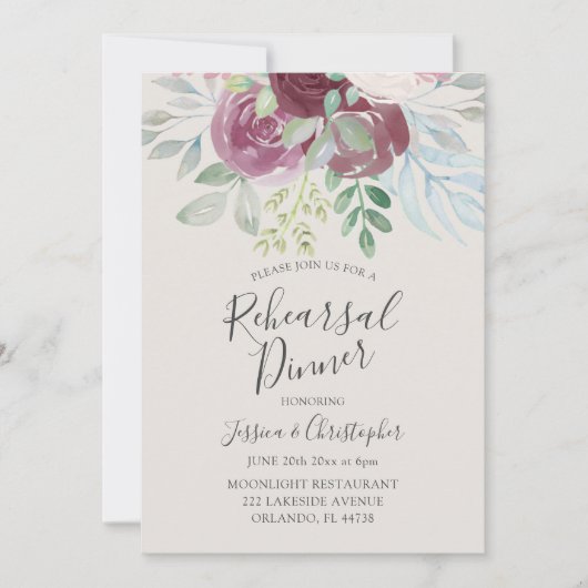 Rustic Burgundy Rose Wedding Rehearsal Dinner Kaart (Voorkant)