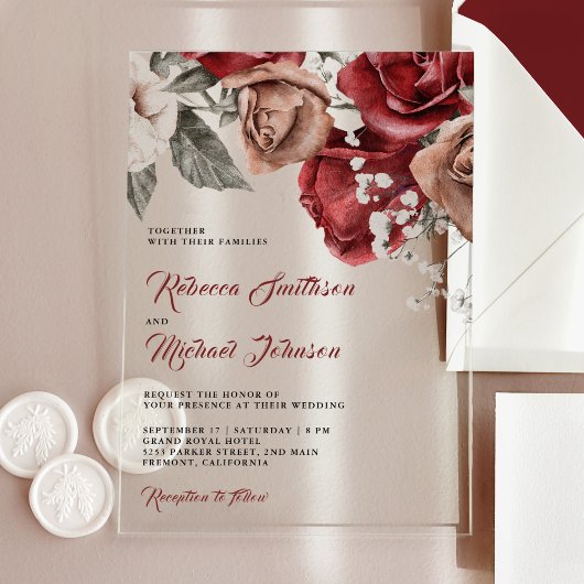 Rustic Burgundy Roses Wedding Acryl Uitnodigingen