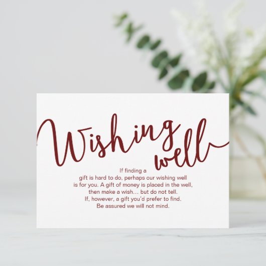 Rustic Burgundy script, Wedding Wishing Well Informatiekaartje (Staand voorkant)