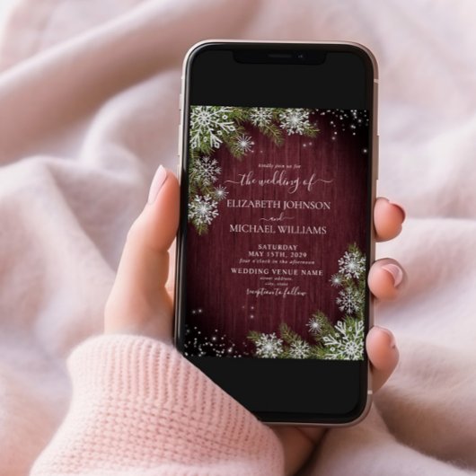 Rustic Burgundy Silver Winter Wood Foto bruiloft Kaart