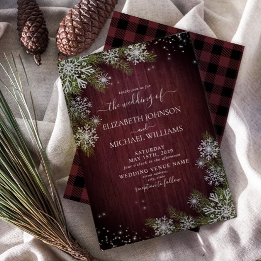 Rustic Burgundy Silver Winter Wood Pset Wedding Kaart