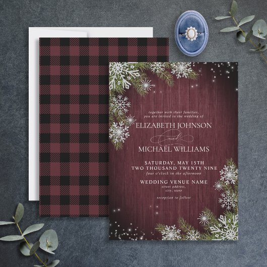 Rustic Burgundy Silver Winter Wood Pset Wedding Kaart