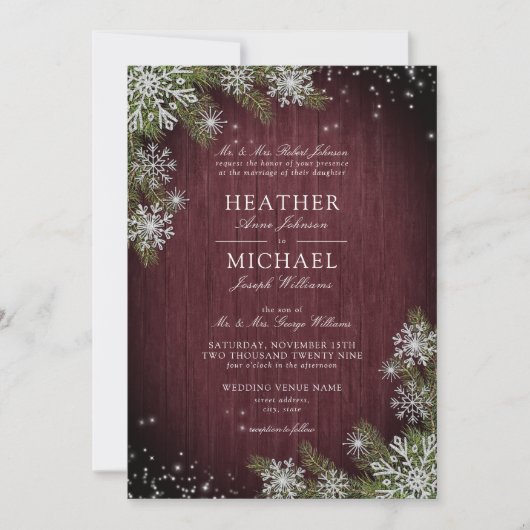 Rustic Burgundy Silver Winter Wood Pset Wedding Kaart (Voorkant)