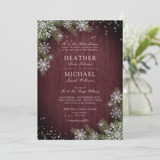 Rustic Burgundy Silver Winter Wood Pset Wedding Kaart (Staand voorkant)