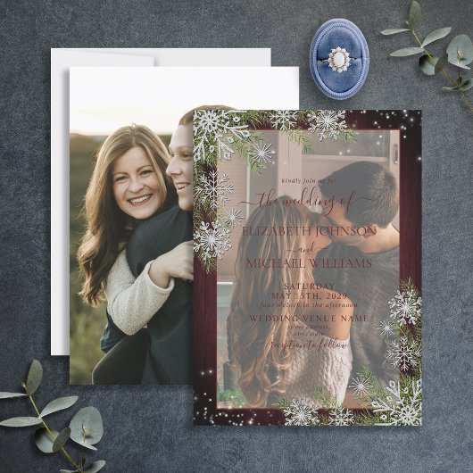 Rustic Burgundy Silver Winter Wood Vellum Wedding Kaart