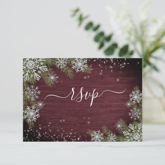 Rustic Burgundy Silver Winter Wood Weddenschap RSV RSVP Kaartje (Staand voorkant)