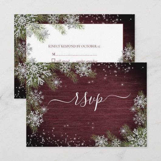Rustic Burgundy Silver Winter Wood Weddenschap RSV RSVP Kaartje (Voorkant / Achterkant)