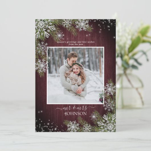 Rustic Burgundy Snowflake New Mr & Mrs Photo (Staand voorkant)