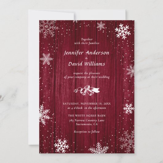 Rustic Burgundy Snowflake Winter Wedding Kaart (Voorkant)