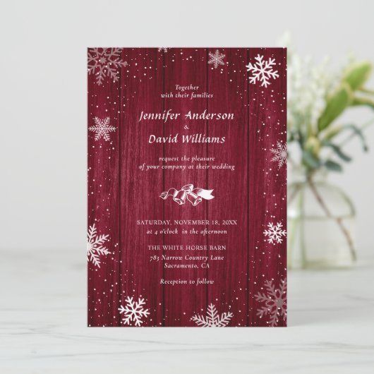 Rustic Burgundy Snowflake Winter Wedding Kaart (Staand voorkant)