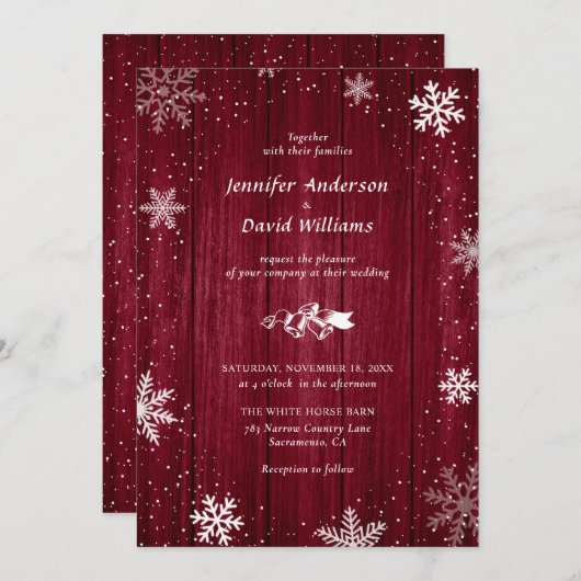 Rustic Burgundy Snowflake Winter Wedding Kaart (Voorkant / Achterkant)