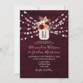 Rustic Burgundy String Lights Wedding Invitation Kaart (Voorkant)