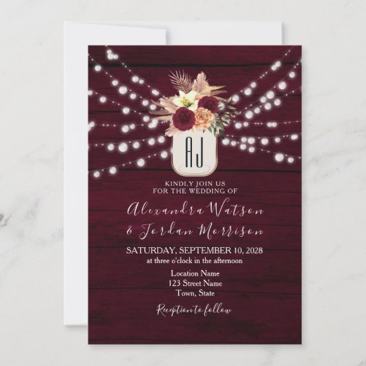 Rustic Burgundy String Lights Wedding Invitation Kaart (Voorkant)