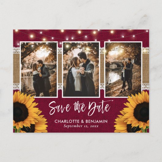 Rustic Burgundy Sunflower Foto Save the Date Aankondigingskaart (Voorkant)