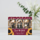 Rustic Burgundy Sunflower Foto Save the Date Aankondigingskaart (Staand voorkant)