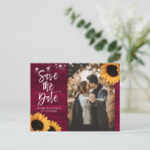 Rustic Burgundy Sunflower Foto Save the Date Briefkaart (Staand voorkant)