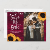 Rustic Burgundy Sunflower Foto Save the Date Briefkaart (Voorkant / Achterkant)