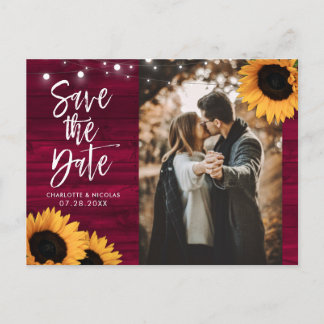 Rustic Burgundy Sunflower Foto Save the Date Briefkaart