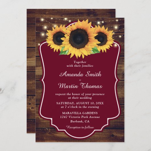 Rustic Burgundy Sunflower Greenery Wedding Kaart (Voorkant / Achterkant)