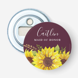 Rustic Burgundy Sunflower Maid of Honor Name Button Flesopener