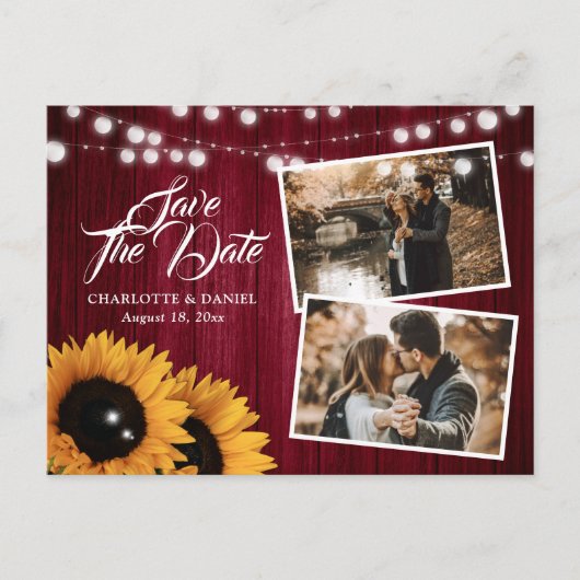 Rustic Burgundy Sunflower Save the Date Photo Aankondigingskaart (Voorkant)
