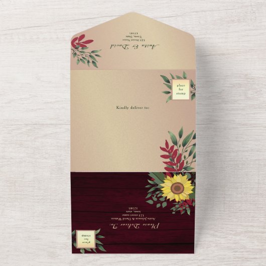 Rustic Burgundy Sunflower Wedding All In One Uitnodiging (Buitenkant)