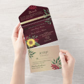 Rustic Burgundy Sunflower Wedding All In One Uitnodiging (Afscheurbaar)