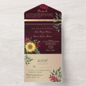 Rustic Burgundy Sunflower Wedding All In One Uitnodiging (Binnen)