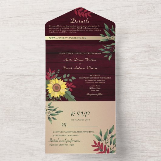 Rustic Burgundy Sunflower Wedding All In One Uitnodiging (Binnen)