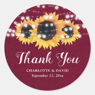 Rustic Burgundy Sunflower Wedding Favor Ronde Sticker