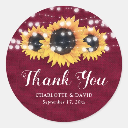 Rustic Burgundy Sunflower Wedding Favor Ronde Sticker (Voorkant)