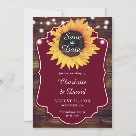 Rustic Burgundy Sunflower Wedding Save The Date (Voorkant)