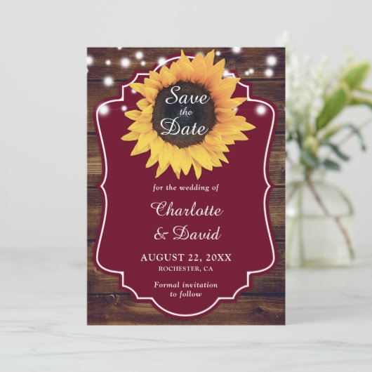 Rustic Burgundy Sunflower Wedding Save The Date (Staand voorkant)