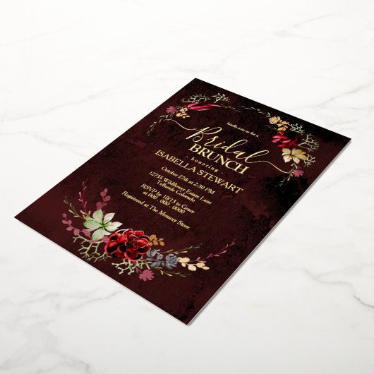 Rustic Burgundy Waterverf Chic Boho Bridal Brunch Folie Uitnodiging (Gedraaid)