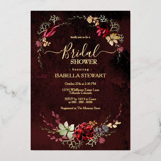 Rustic Burgundy Waterverf Chic Boho Vrijgezellenfe Folie Uitnodiging (Voorkant)