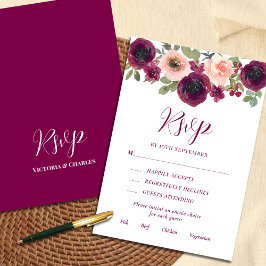 Rustic Burgundy Waterverf Floral RSVP Kaartje