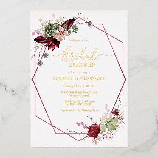 Rustic Burgundy Waterverf Flowers Vrijgezellenfees Folie Uitnodiging (Voorkant)