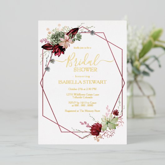 Rustic Burgundy Waterverf Flowers Vrijgezellenfees Folie Uitnodiging (Staand Voorkant)