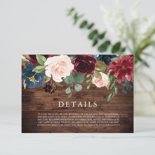Rustic Burgundy Wedding Details Kaart (Staand voorkant)