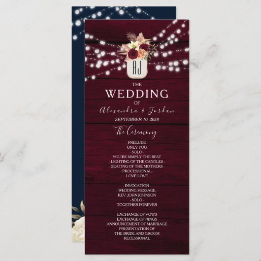 Rustic Burgundy Wedding Programme Programmakaart (Voorkant / Achterkant)