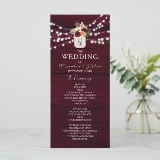 Rustic Burgundy Wedding Programme Programmakaart (Staand voorkant)