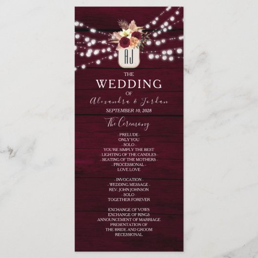 Rustic Burgundy Wedding Programme Programmakaart (Voorkant)