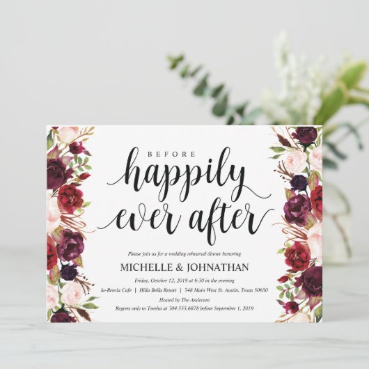 Rustic Burgundy Wedding Rehearsal Dinner Invites Kaart (Staand voorkant)