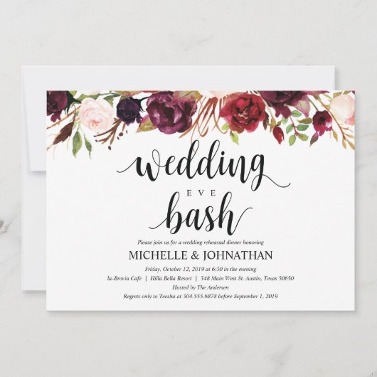 Rustic Burgundy Wedding Rehearsal Dinner Invites Kaart (Voorkant)