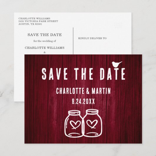 Rustic Burgundy Wedding Save the Date Briefkaart (Voorkant / Achterkant)
