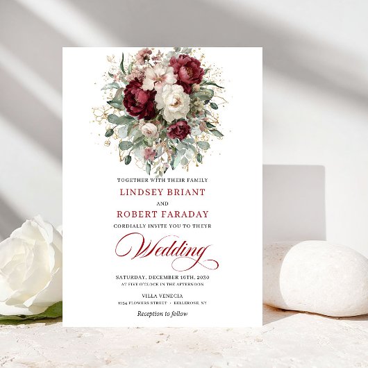 Rustic Burgundy White Floral Eucalyptus Gold Weddi Kaart