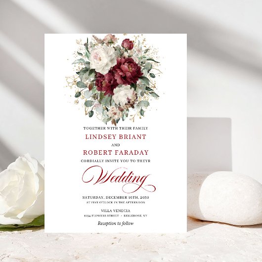 Rustic Burgundy White Floral Eucalyptus Wedding  Kaart