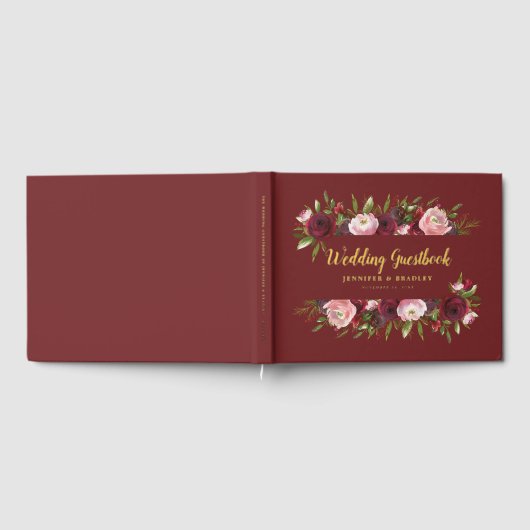 Rustic Burgundy White Floral Waterverf Wedding Gastenboek (Volledig)