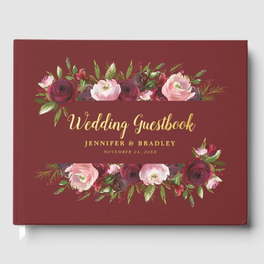 Rustic Burgundy White Floral Waterverf Wedding Gastenboek (Voorkant)